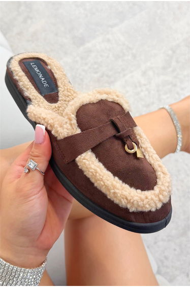Lemonade Velvet Crush Teddy Trim Slip On Clog Mules Brown