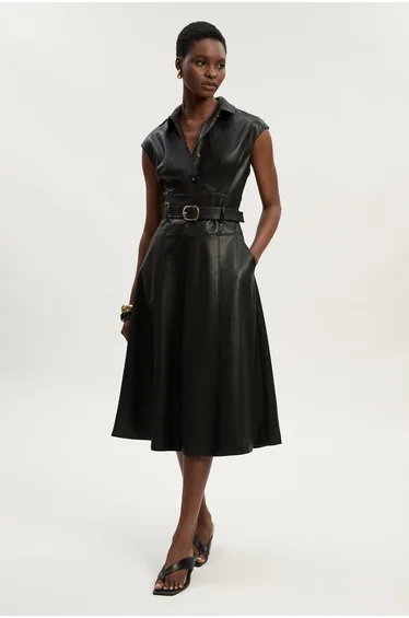 Faux Leather Belted Midi Dress