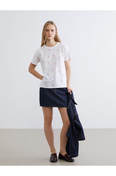 Crew Neck T-shirt with Flamingo Print