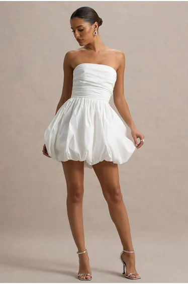 Faye | White Puff Ball Bandeau Micro Mini Dress With Ruching Details