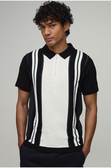 Regular Fit 1/4 Zip Striped Knitted Polo - black