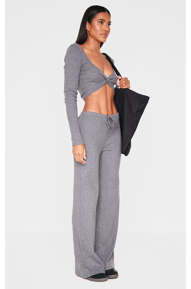 Charcoal Brushed Rib Twist Front Long Sleeve Bardot Top