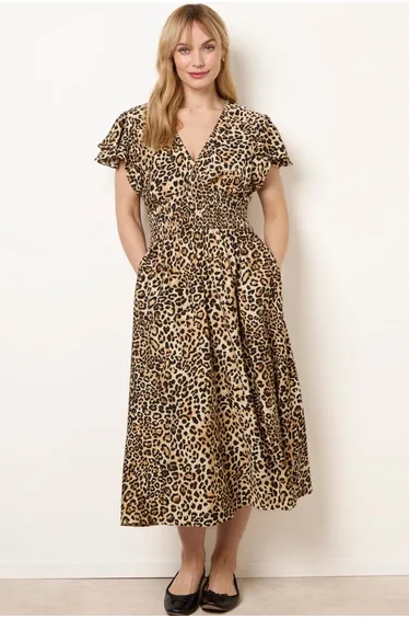 Animal Double Frill Shirred Waist Midi Dress
