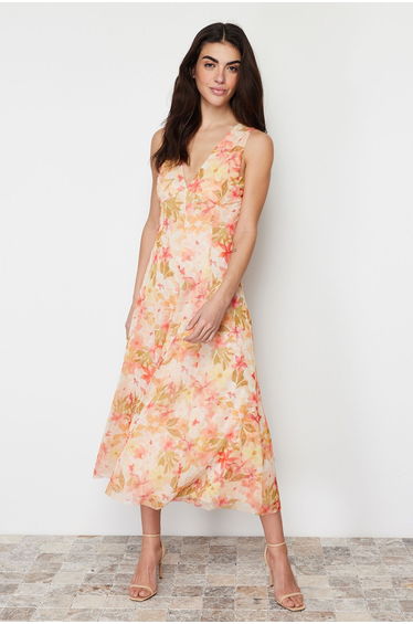 Multicolored Floral Printed V-Neck Tulle Knitted Dress