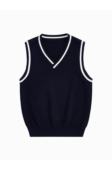 Boys' Sleeveless Knitted Waistcoat - V Neck With Contrast Color Line Details On Edges