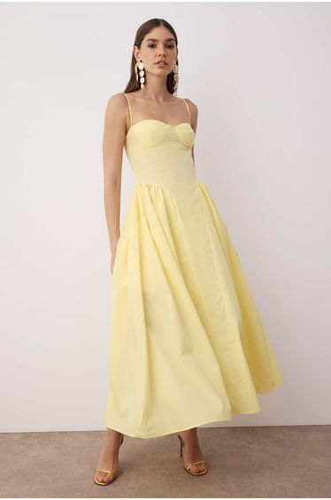 Yellow A-Line Poplin Woven Midi Dress