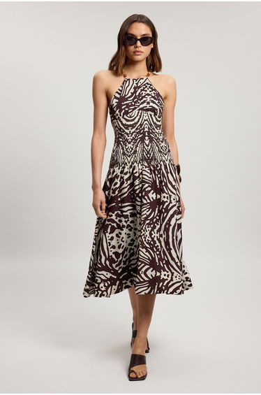 Shirred Animal Print V Neck Trim Detail Woven Midi Dress