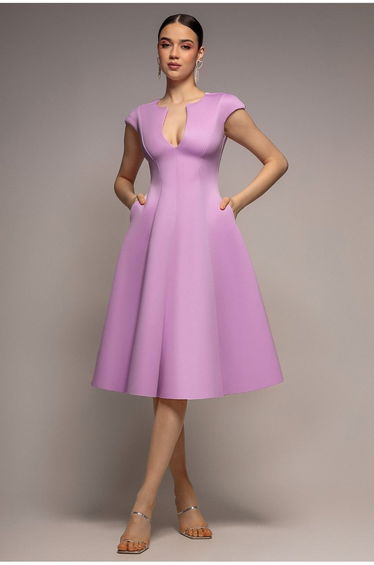 Goddiva Cap Sleeve Plunging V-Neckline A-line Midi Dress - Lilac
