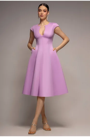 Goddiva Cap Sleeve Plunging V-Neckline A-line Midi Dress - Lilac
