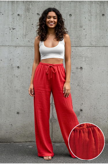Dark Red Muslin Elastic Waist High Waist Wide Leg Woven Trousers