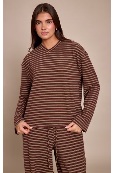 Chocolate Striped Soft Fleece V Neck Sweatshirt