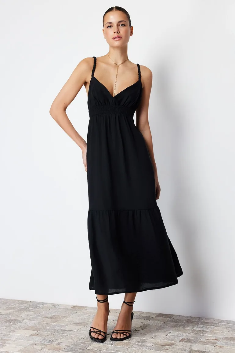 Black A-Line Maxi Smock Dress