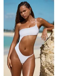 Embellished Cut-Out Swimsuit in White