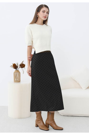 Velvet Polka Dot Back Slit Midi Skirt in Smoke