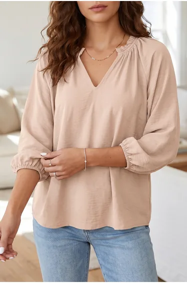 Lvness Parchment V Neck Gathered Cuff Three Quarter Sleeve Blouse