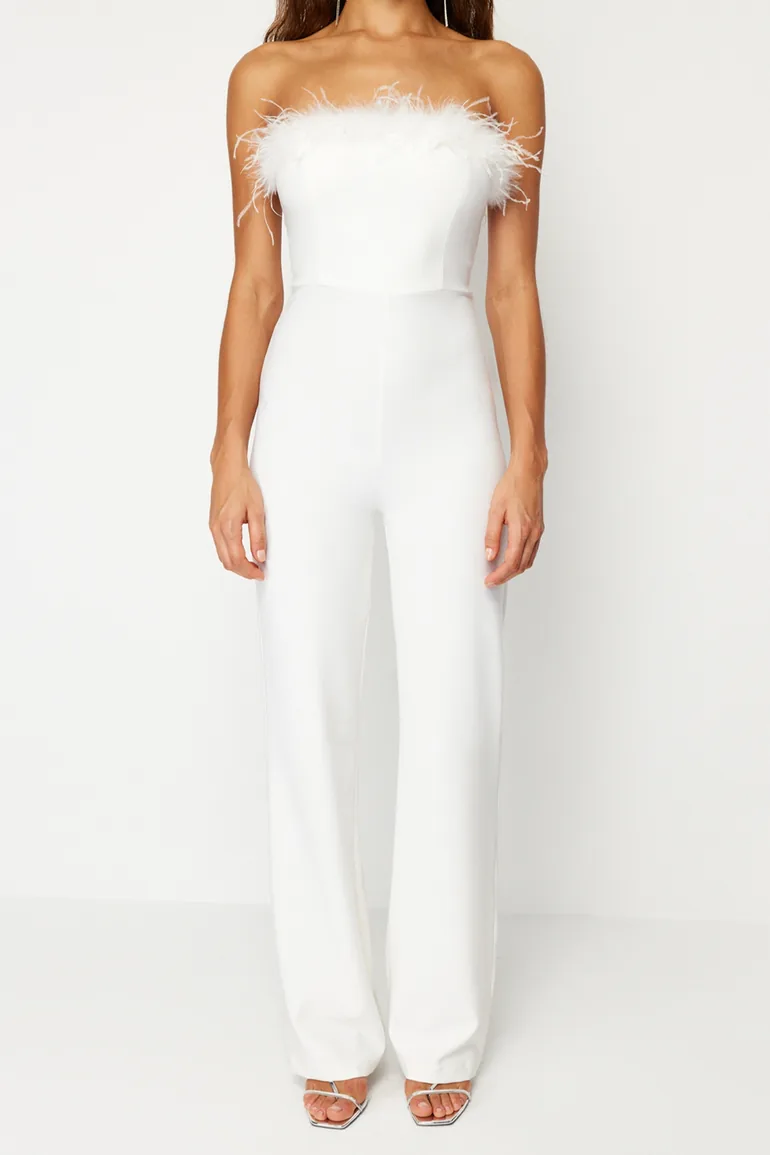 White Wide Leg Woven Fitted Jumpsuit - 4