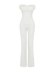 White Wide Leg Woven Fitted Jumpsuit - 7