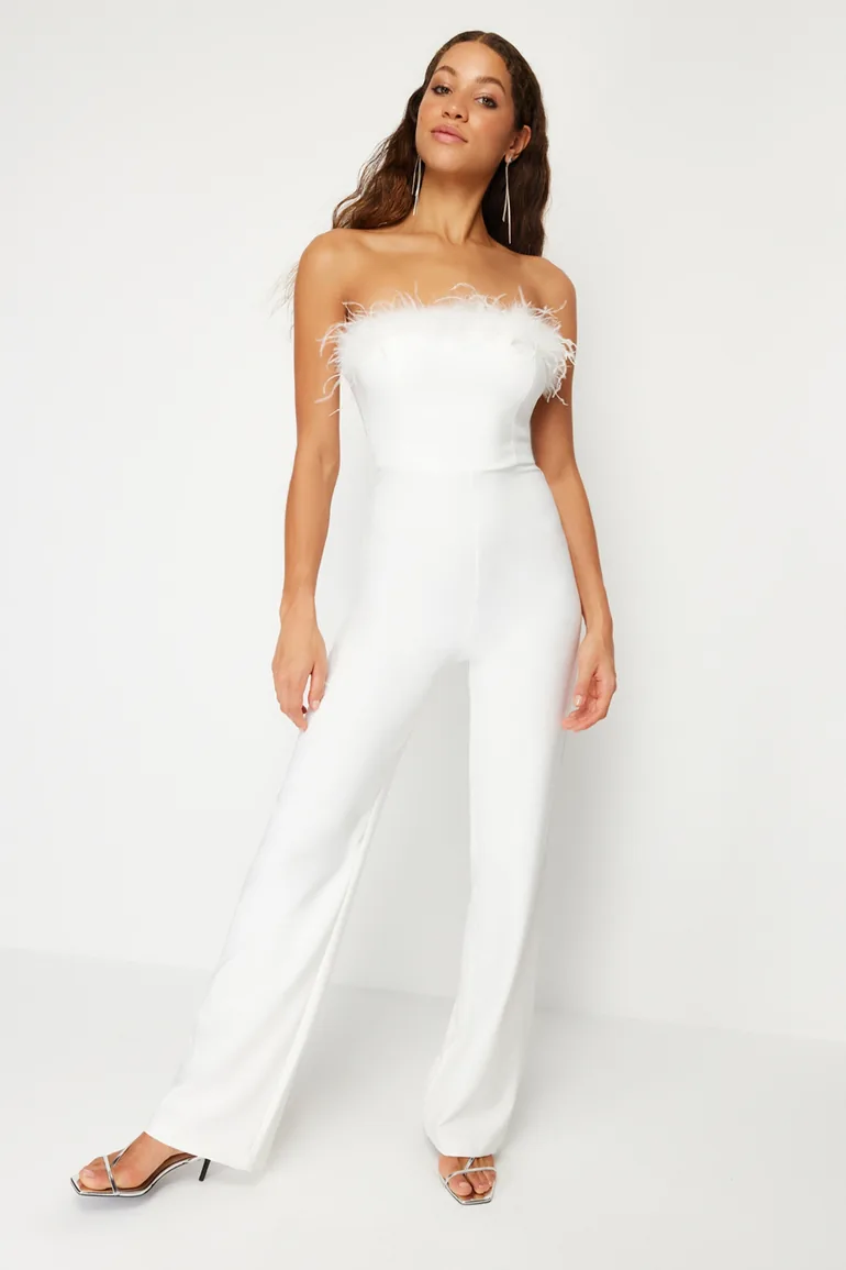 White Wide Leg Woven Fitted Jumpsuit - 2
