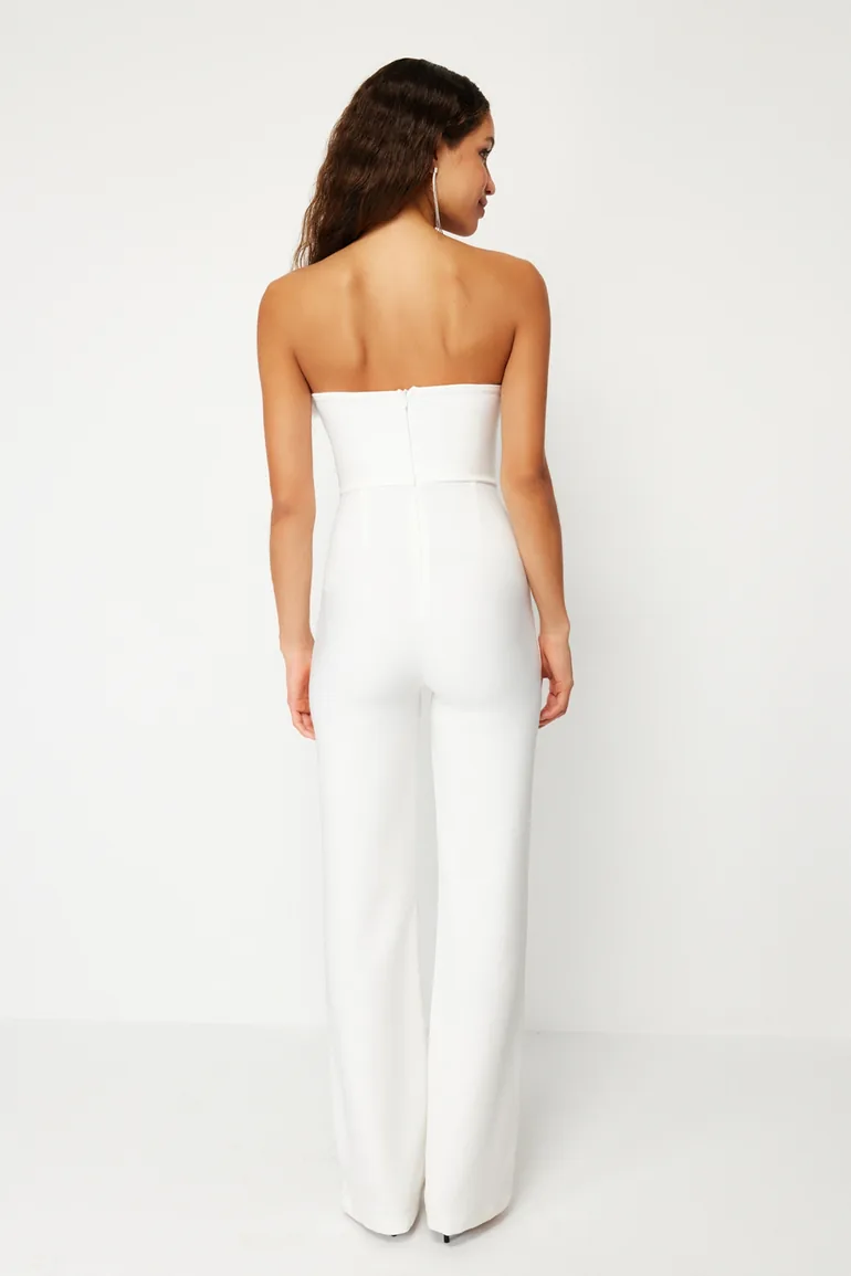 White Wide Leg Woven Fitted Jumpsuit - 5