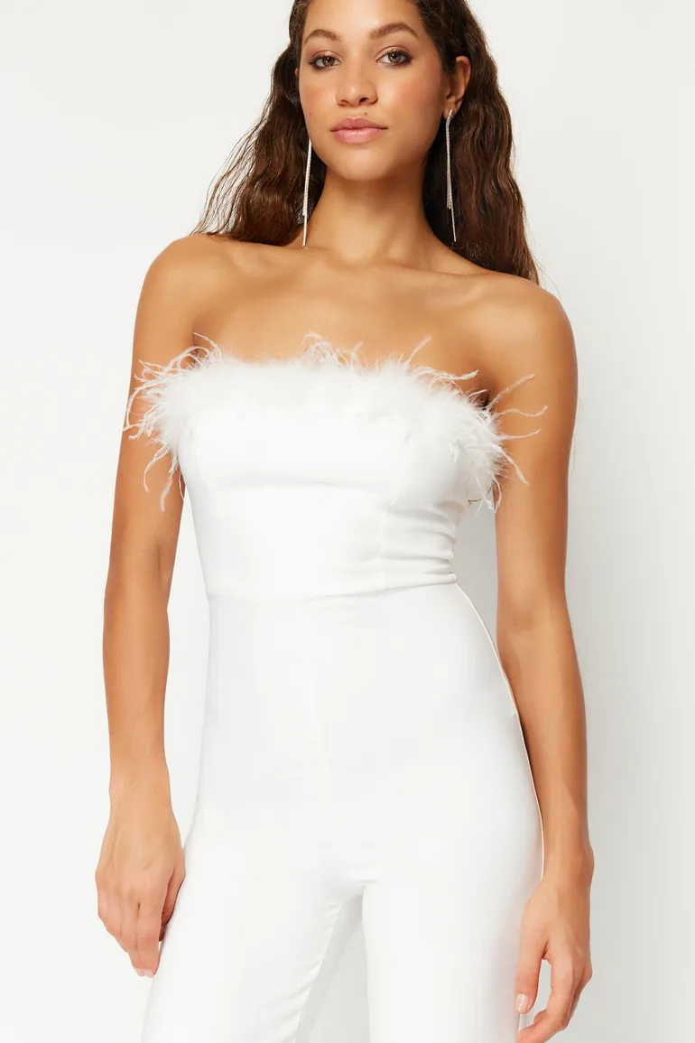 White Wide Leg Woven Fitted Jumpsuit - 1