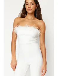 White Wide Leg Woven Fitted Jumpsuit - 1