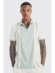 بلوزة بولو بقصة ضيقة بشرائح بياقة بسحاب - أخضر 