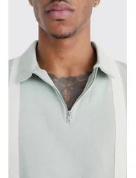 بلوزة بولو بقصة ضيقة بشرائح بياقة بسحاب - أخضر  - 2