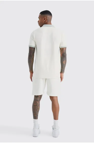 Slim Panelled Zip Neck Interlock Polo - sage