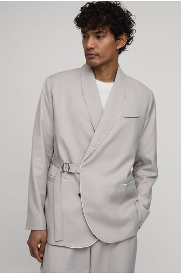 Satin Trim Wrap Buckle Relaxed Fit Blazer - stone
