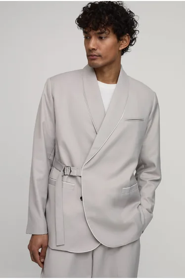 Satin Trim Wrap Buckle Relaxed Fit Blazer - stone