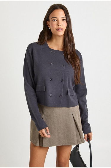 Double Button Collared Knitted Cardigan - charcoal