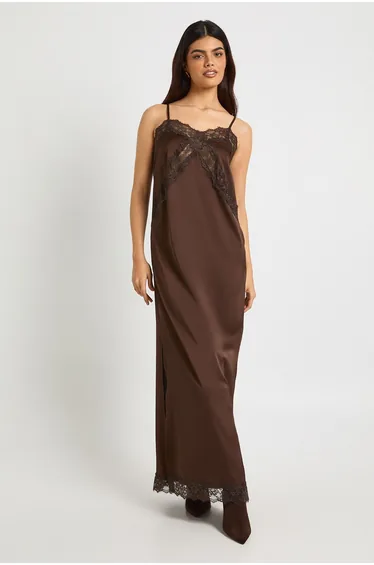Satin Lace Mix Column Maxi Dress - chocolate