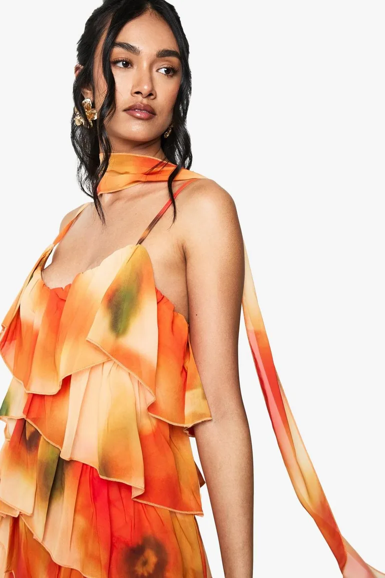 Chiffon Blurred Abstract Scarf Detail Mini Dress - orange - 3