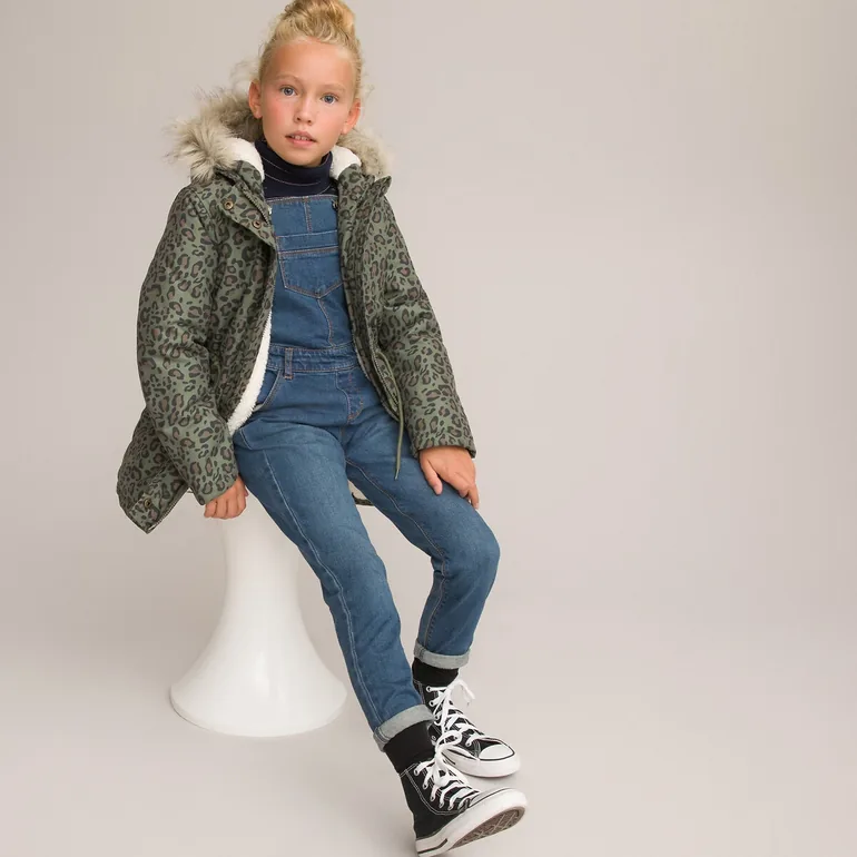 Printed Hooded Parka with Faux Fur Trim - 1