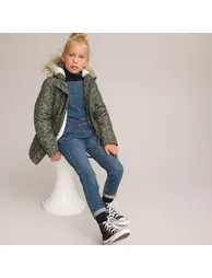 Printed Hooded Parka with Faux Fur Trim - 1