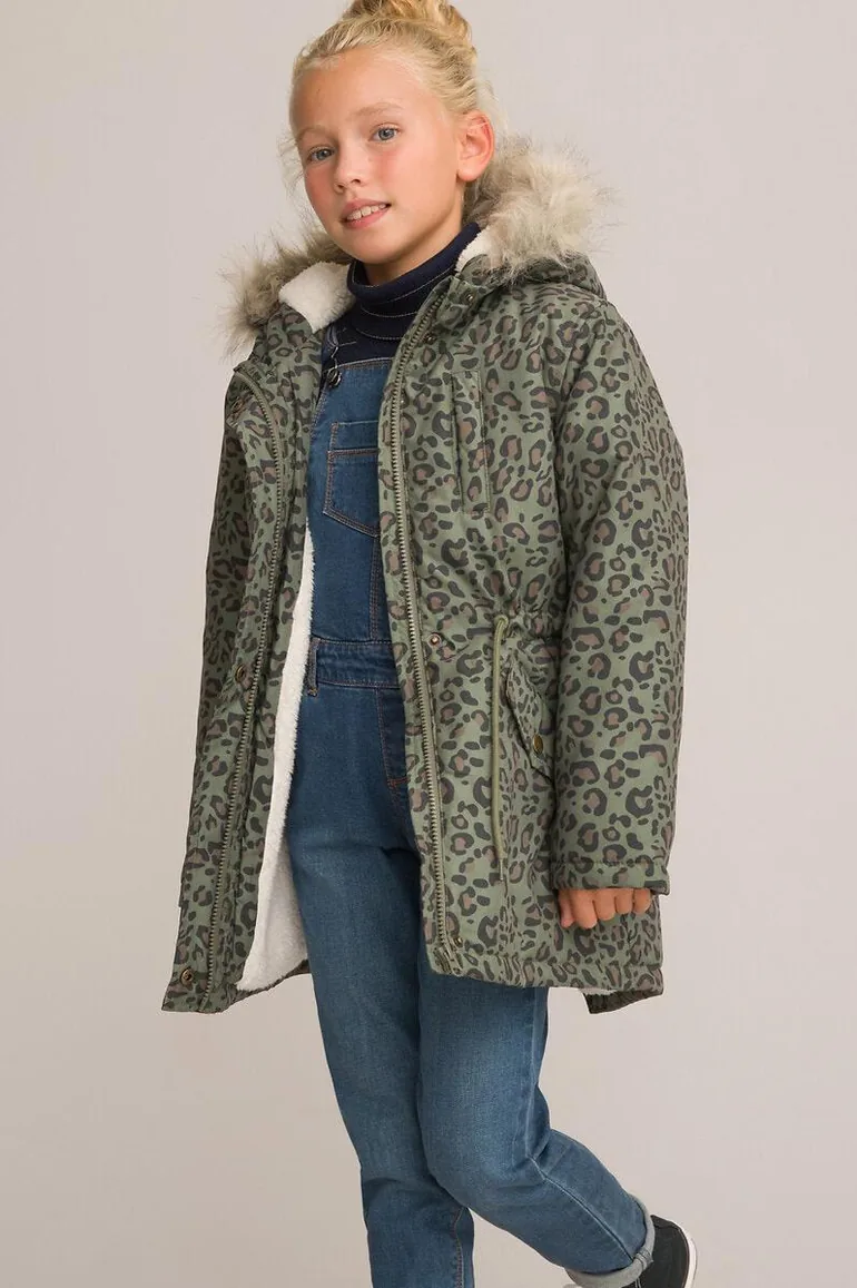 Printed Hooded Parka with Faux Fur Trim
