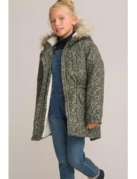 Printed Hooded Parka with Faux Fur Trim