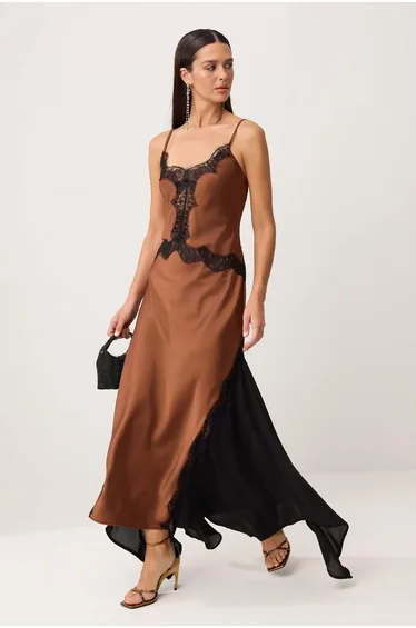 Brown Woven Satin Lace Maxi Dress