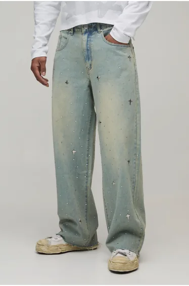 Stonewash Studded Rhinestone Raw Hem Baggy Fit Jeans - stonewash
