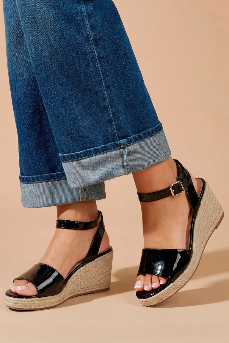 Wide Fit Rebekah Faux Leather Peep Toe Espadrille Wedge Sandals
