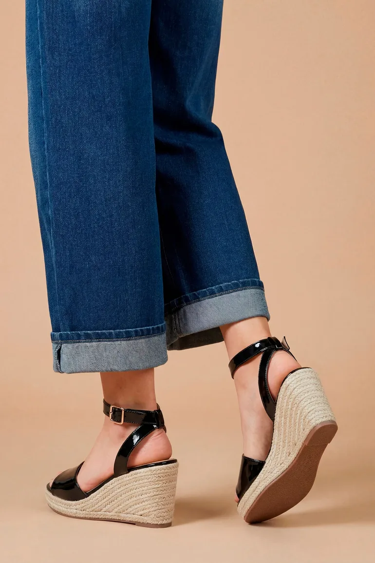 Wide Fit Rebekah Faux Leather Peep Toe Espadrille Wedge Sandals - 1