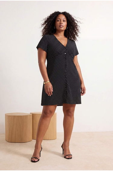 Black-White Polka Dot Patterned Wrinkled V-Neck Knitted Plus Size Dress