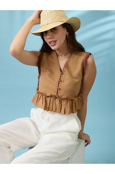 Women Beige V-Neck Pleated Crop Top