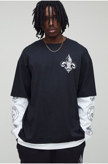 Tall Oversized Worldwide Graphic Faux Layer Heavyweight T-Shirt - black