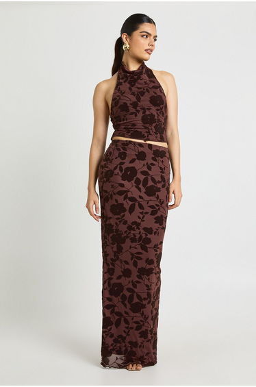 Floral Devoure Cowl Halterneck Top - chocolate