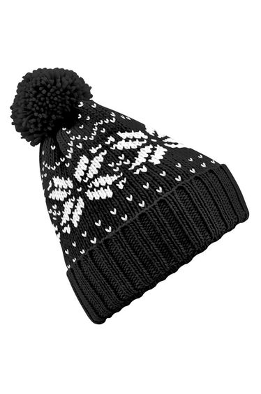 Beechfield Unisex Fair Isle Snowstar Winter Beanie Hat - Black /White