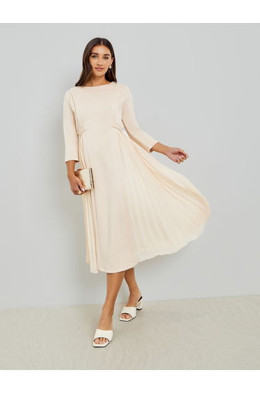 Cream 3/4 Sleeve Pleated Midi Dress