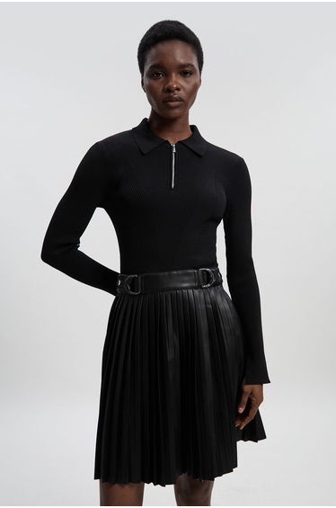 Tall Knitted Zip Neck Pu Mix Pleated Mini Dress