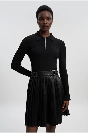 Tall Knitted Zip Neck Pu Mix Pleated Mini Dress