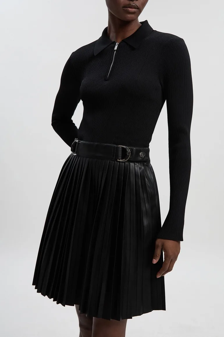 Tall Knitted Zip Neck Pu Mix Pleated Mini Dress - 1